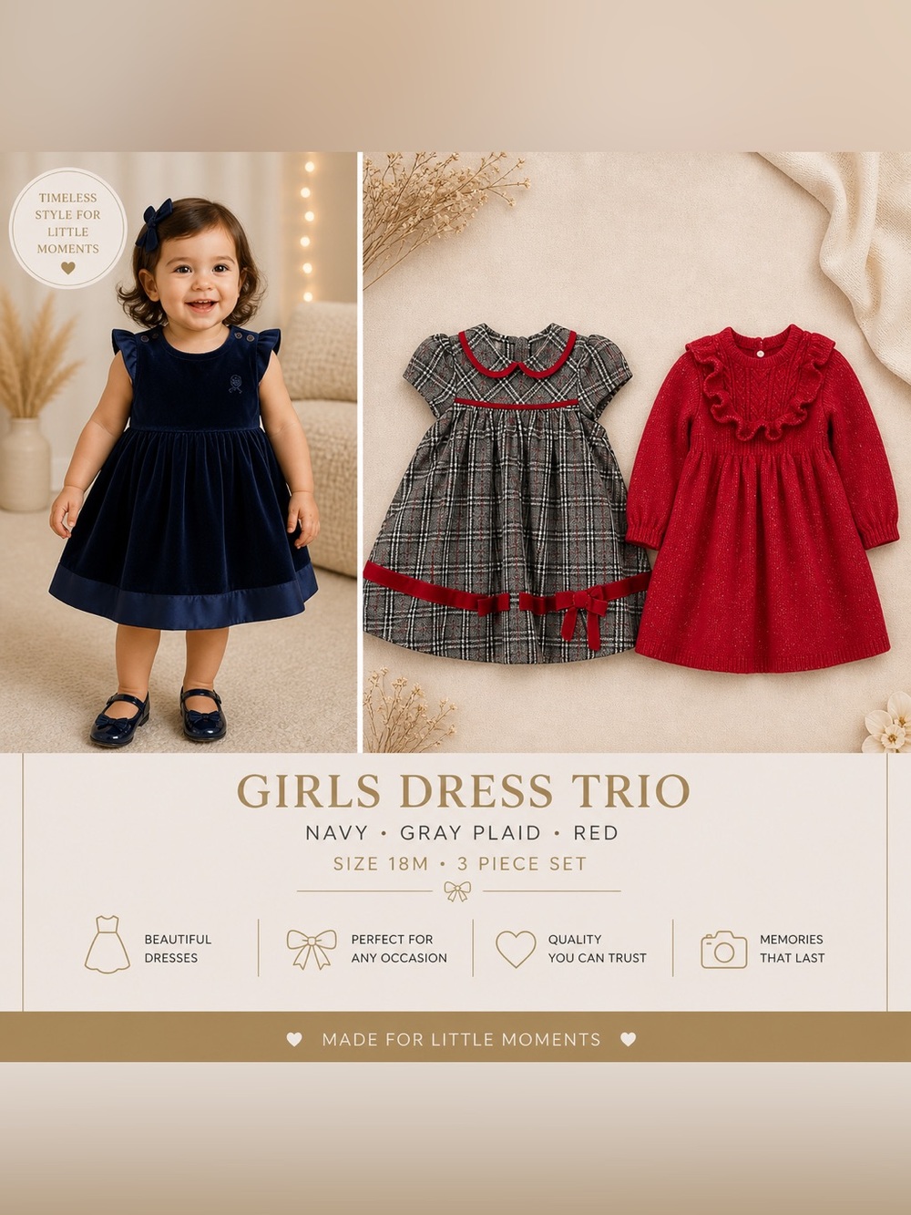Girls Velvet, Plaid & Knit Dress Trio - Navy, Gray Plaid, Red